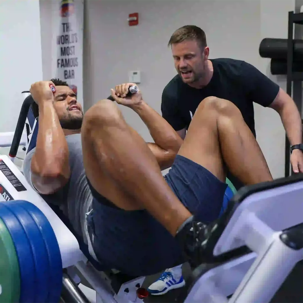 A picture of Arik Armstead who is being trained by David Lawrence at MECA gym.