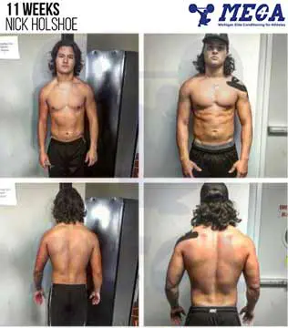 Nick Holshoe's body transformation after personal training at MECA gym.