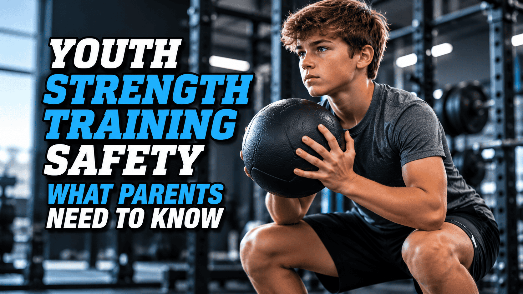 teenage boy working out doing weighted squats with a heavy ball