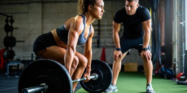 Athlete-focused deadlift with coach observing
