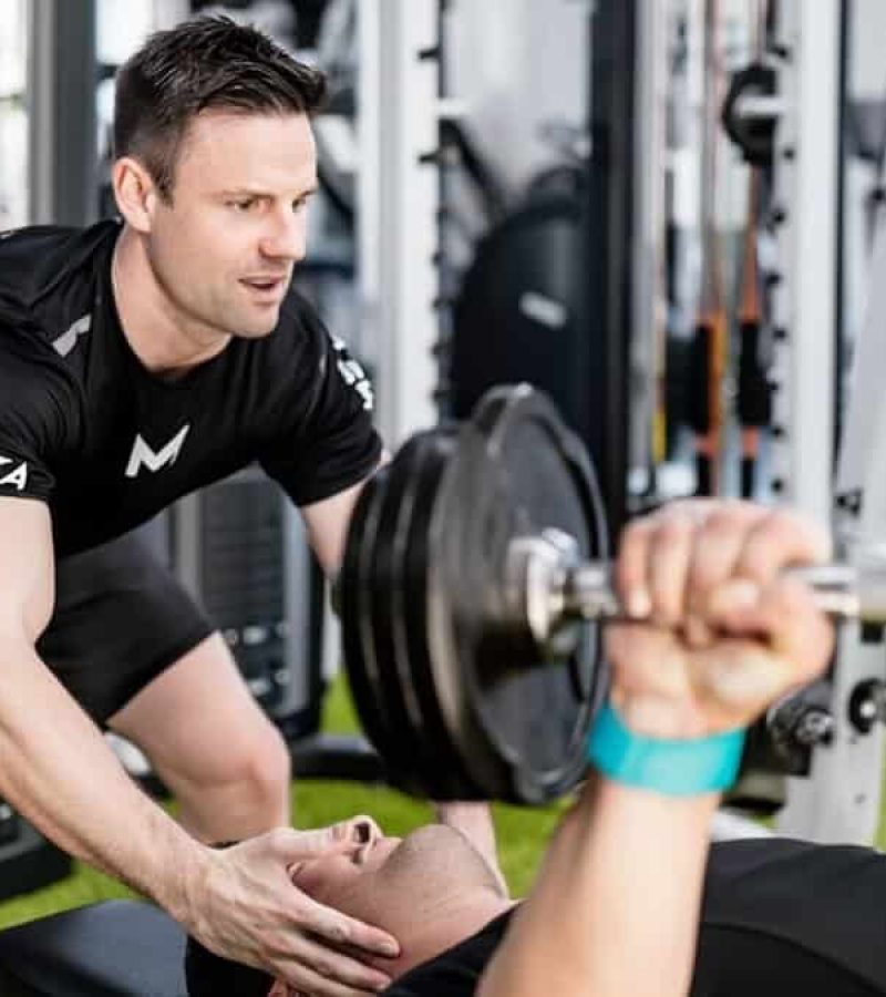 MECA Bench Press Session David Lawrence spotting dumbbell bench press