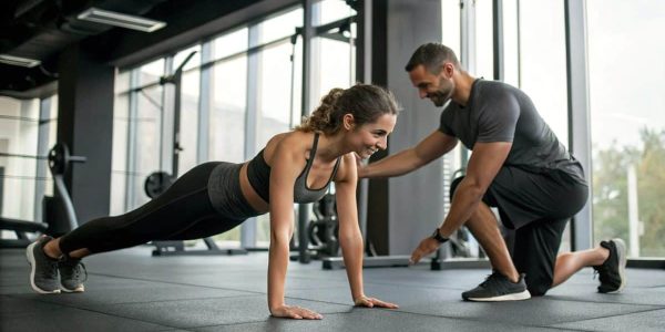 Woman doing Calisthenics with a personal trainer in a gym